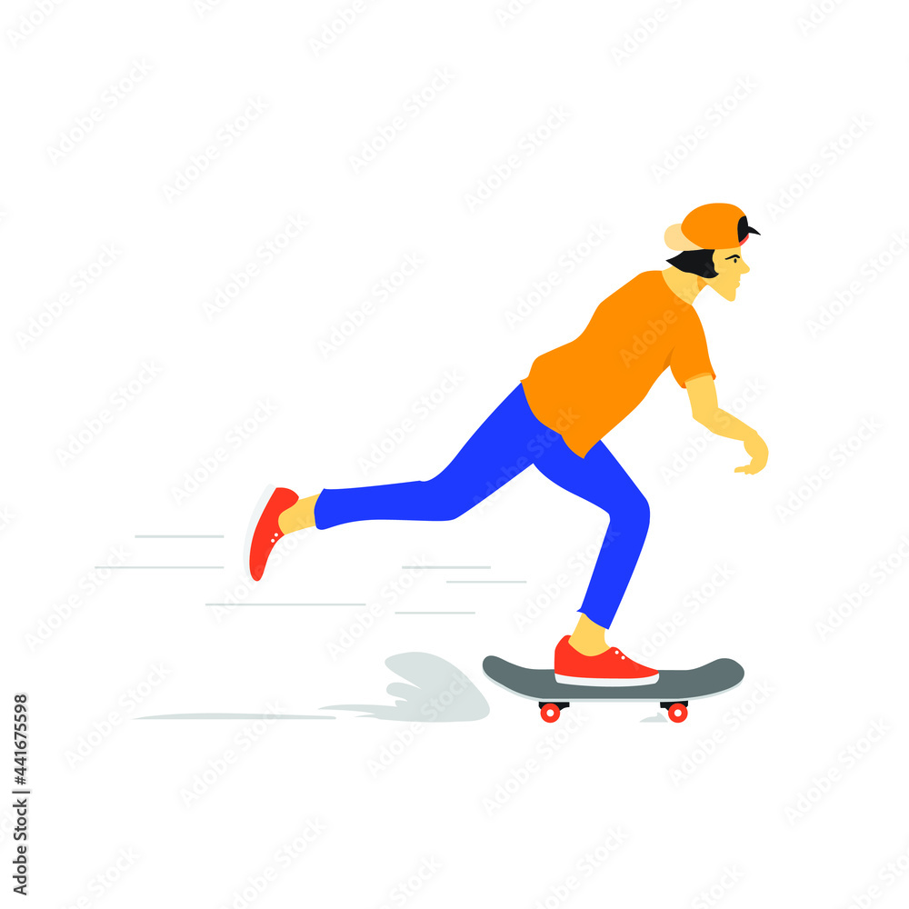 A young men running fast with his skateboard. Flat vector design character illustration with white background. A young men running fast with his skateboard. Flat vector design character illustration with white background.