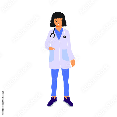 Cheerful young female doctor ready to doing medical check up their hospital patient.Flat vector design character illustration with white background.