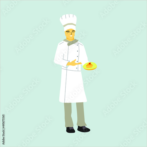 A Professional Chef demonstrates his yummy cherry cake.Flat vector design character illustration with white background.