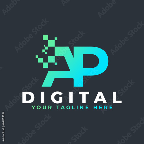 Tech Letter AP Logo. Blue and Green Geometric Shape with Square Pixel Dots. Usable for Business and Technology Logos. Design Ideas Template Element.