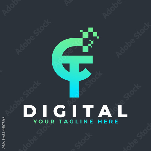 Tech Letter CT Logo. Blue and Green Geometric Shape with Square Pixel Dots. Usable for Business and Technology Logos. Design Ideas Template Element.
