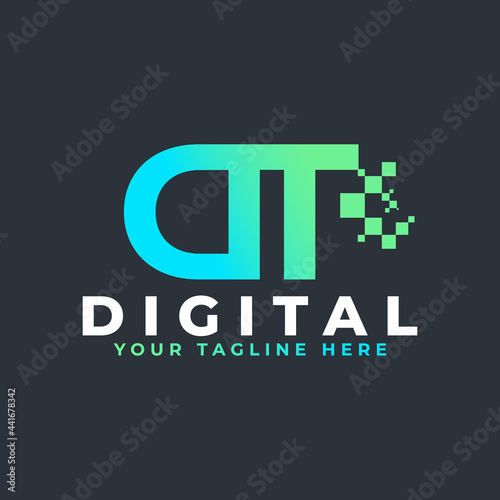 Tech Letter DT Logo. Blue and Green Geometric Shape with Square Pixel Dots. Usable for Business and Technology Logos. Design Ideas Template Element.