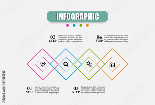 Plan timeline infographics template with four elements. Infographic rhombus vector illustration with 4 steps, options, marketing icon. Used for business, presentations, web design, diagrams, training.