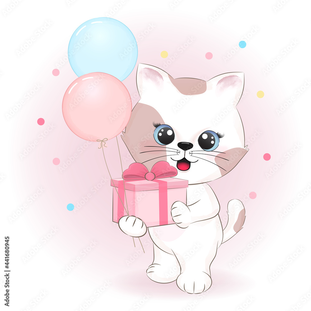 Cute kitten holding gift box and balloons hand drawn illustration