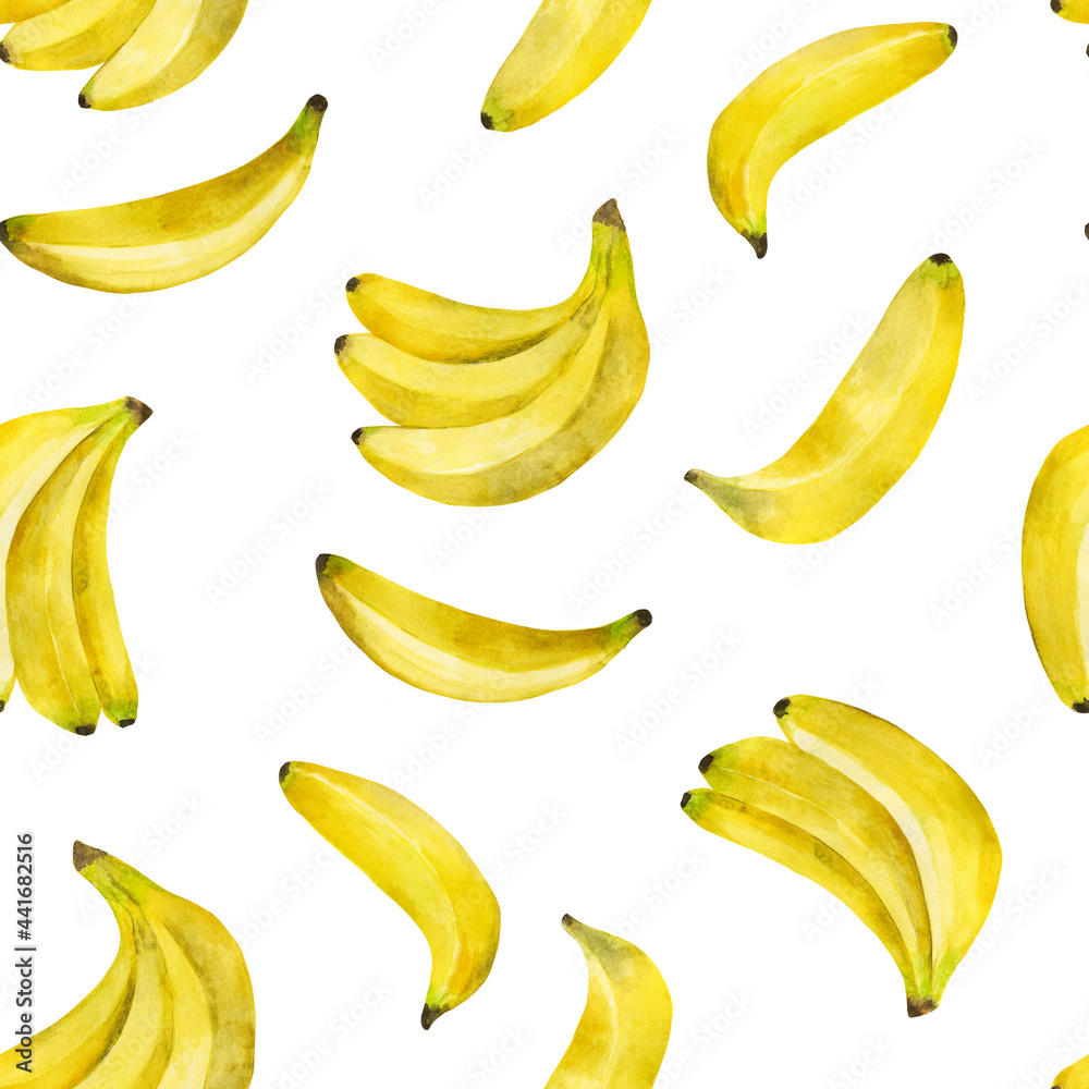 Seamless pattern background. Watercolor hand drawn print isolated on white. Banana fruit hand drawn.