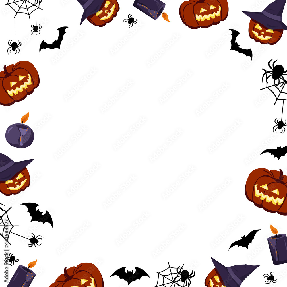 Bright frame on a white background with pumpkins, ghosts, skulls, bats and spiders. Halloween festive autumn decoration. October holiday pattern with empty space for poster, postcard and design Bright frame on a white background with pumpkins, ghosts, skulls, bats and spiders. Halloween festive autumn decoration. October holiday pattern with empty space for poster, postcard and design
