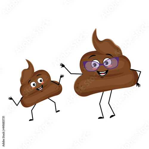 Cute shit characters with happy emotions and smile face. Funny grandmother with glasses and dancing grandson with arms and legs. The joyful turd with eyes. Vector illustration