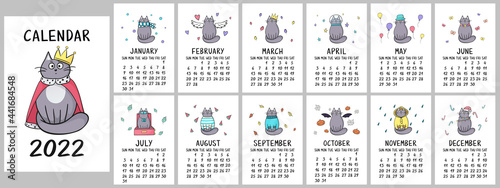 Wall calendar 2022 with cute cats in flat style. Different cats for every month. Set of 12 pages 