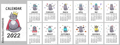 Wall calendar 2022 with cute cats in flat style. Different cats for every month. Set of 12 pages
