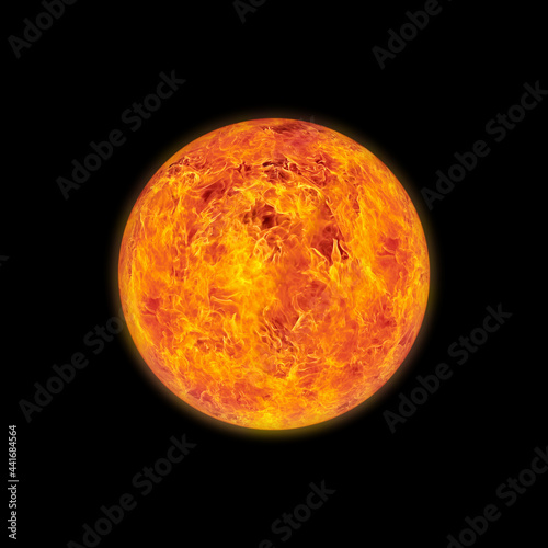Image of ball fire flame look like sun on black background