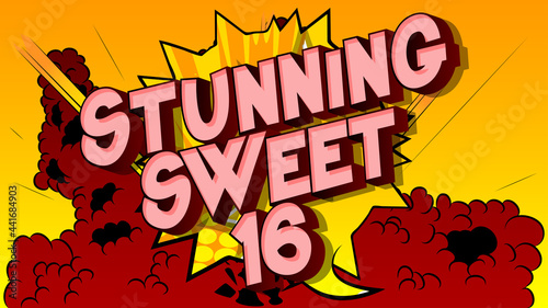 Stunning Sweet Sixteen text on comic book background. Retro pop art comic style social media post, motion poster for the 16th birthday.