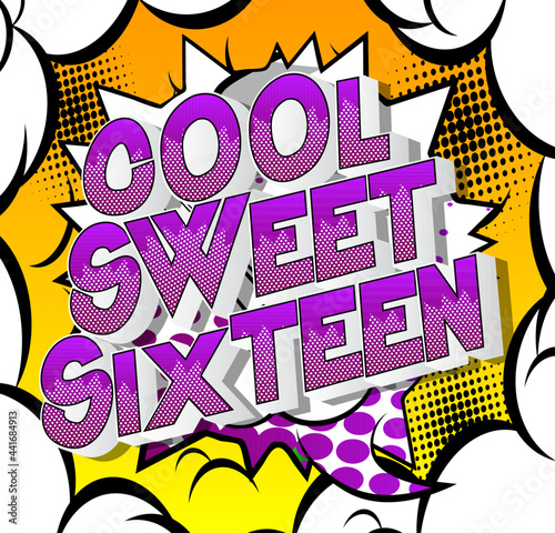 Cool Sweet Sixteen text on comic book background. Retro pop art comic style social media post, motion poster for the 16th birthday.