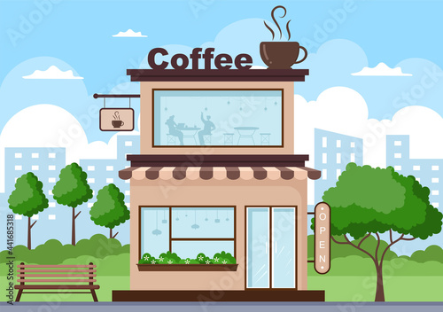 Coffee Shop Illustration With Open Board, Tree, And Building Store Exterior. Flat Design Concept