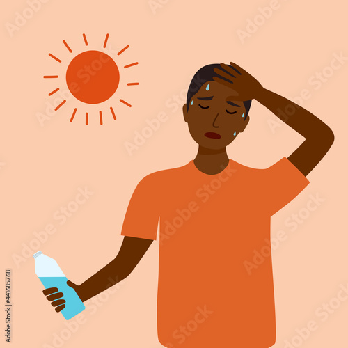 Black man suffering from heat and sweaty dehydration from strong sunlight. African guy holding a bottle of water in flat design. Hot climate in summer.