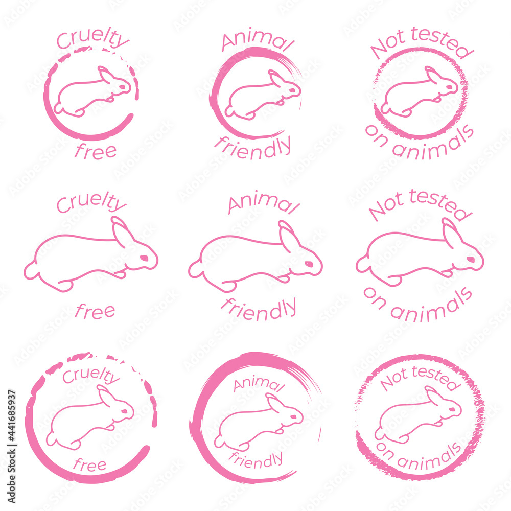 Set of 9 pink logo and icons with rabbits for packaging. Cruelty free ...