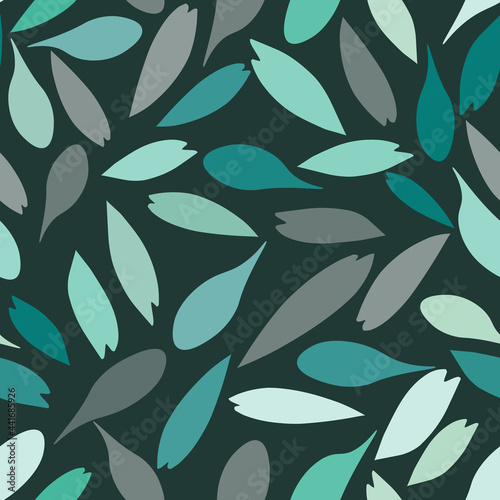 Seamless baby pattern with green and gray hand drawn leaves on a dark green background. The pattern can be used for wrapping papers, invitation cards, wallpapers, covers, textile prints. Vector