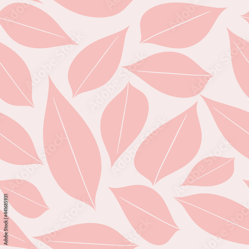 Seamless baby pattern with pink entire hand drawn leaves on a light pink background. The pattern can be used for wrapping papers  invitation cards  wallpapers  covers  textile prints. Vector  eps 10.