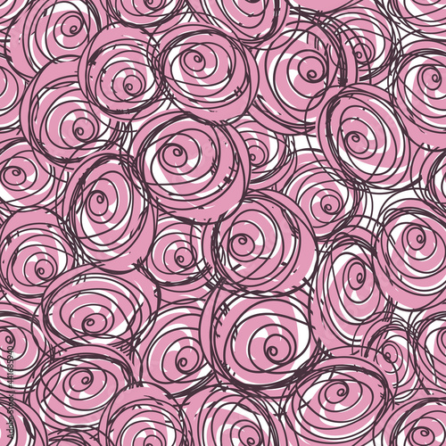 Seamless pattern with child doodle roses. Pattern with violet swirls on a rose and white backdrops. Can be used for textile prints  cards  wrapping paper. Vector illustration  eps 10.