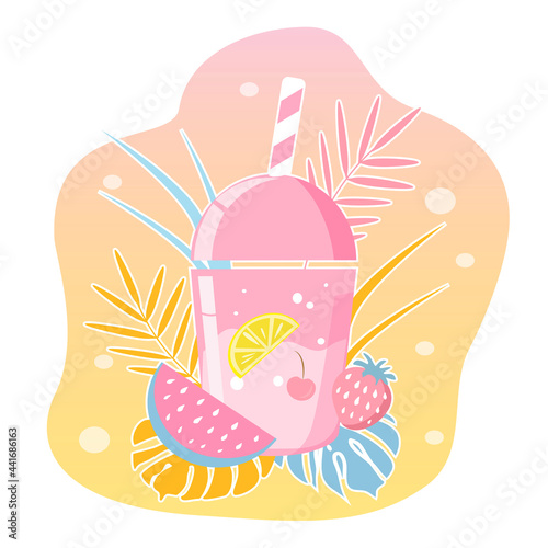 cute vector hand drawn illustration - pink summer cocktail with cherry and lemon, strawberry, watermelon. trend illustration in flat style