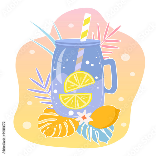 vector illustration - summer cocktail lemonade in a glass jar, tropical leaves. trend illustration in flat style