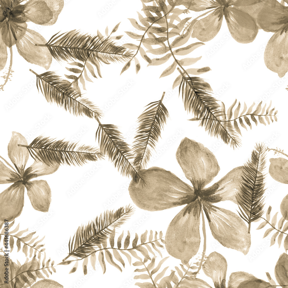 Naklejka premium Gray Seamless Hibiscus. Brown Pattern Texture. Blue Tropical Illustration .Flower Leaf. Drawing Illustration. Flora Palm. Wallpaper Hibiscus. Spring Palm.