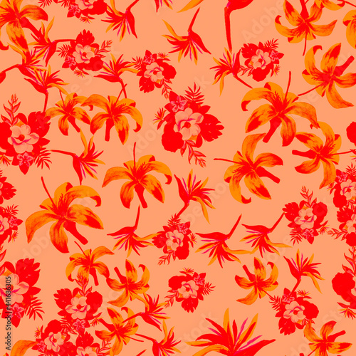 Scarlet Pattern Illustration. Coral Seamless Exotic. Pink Tropical Foliage. Red Flower Textile. Ruby Wallpaper Texture. Decoration Background. Watercolor Art.