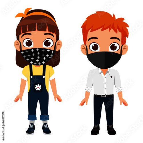 Kid boy and girl characters standing wearing beautiful colorful outfit and fabric medical mask and posing