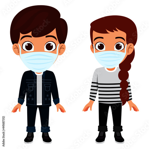 Kid boy and girl characters standing wearing beautiful outfit and fabric mask and posing