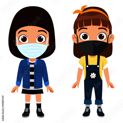 Kid girls characters standing wearing beautiful outfit and fabric mask and posing