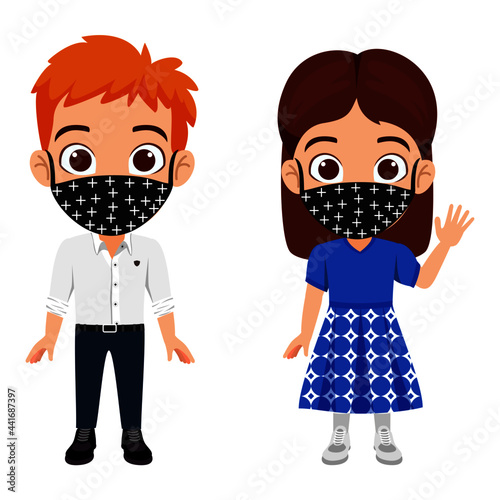 Kid boy and girl characters standing wearing beautiful outfit and fabric mask and waving