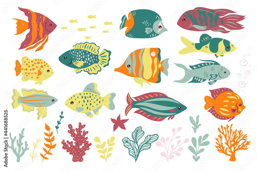 Set of cute oceanic fish isolated on a white background. Vector graphics.