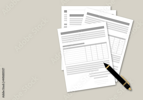Documents and pen on grey background. Contract papers, application form, web banners, websites, paperwork concepts. illustration paper cut design style.