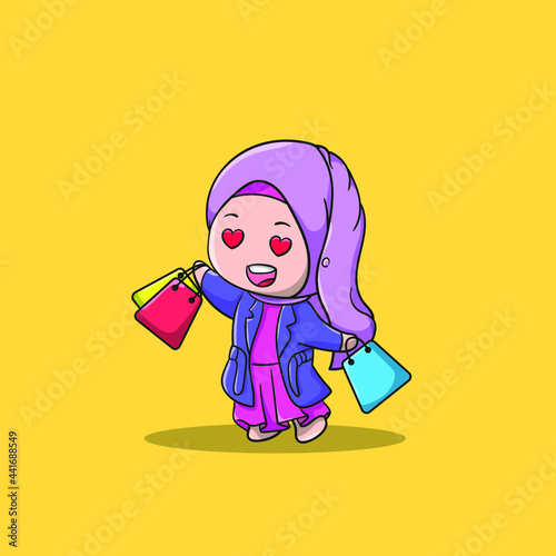 the cute girl brings many shop bag Vector Icon Illustration. shopping Icon Concept Isolated Premium Vector. Flat Cartoon Style.