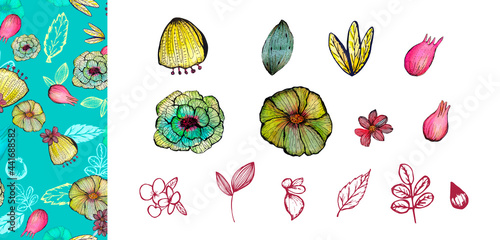 Crea tu propio diseño con estos elementos gráficos, pintados a mano con acuarela, estos elementos decorativos florales abstractos son aplicable para cuadernos, planificadores, folletos, textil, etc.