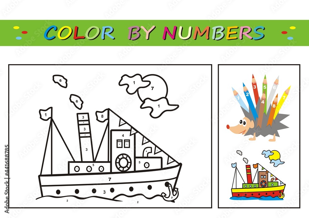 steamboat, coloring book, color by numbers. Number coloring page for ...