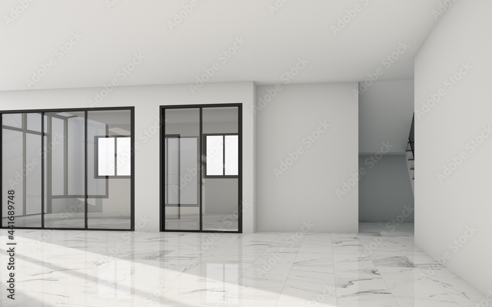 Empty white room with windows and sunlight and white stone tiled floor. 3d rendering Empty white room with windows and sunlight and white stone tiled floor. 3d rendering