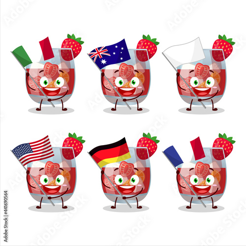 Glass of sangria cartoon character bring the flags of various countries