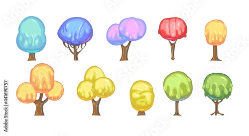 Set of fabulous sweet trees. For landscapes with multi-colored caramel, ice cream or jelly. Perspiration. Childrens fun illustration. Cartoon style. Vector.
