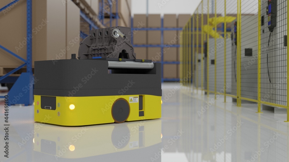 Factory 4.0 concept: An AGV is carrying cylinder block in automotive manufacturing plant. 3D illustration Factory 4.0 concept: An AGV is carrying cylinder block in automotive manufacturing plant. 3D illustration