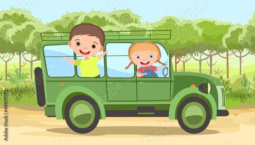 Adventure of children on vacation. Rural countryside landscape with meadow. Childrens cartoon illustration. Automotive Off road tourism. Travel kids. Fun and happy. Vector