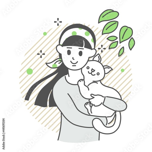 女性が猫を抱えて風を感じるイメージイラスト