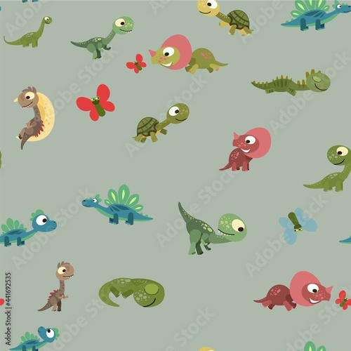 Little cubs dinosaurs. Pretty. Seamless background illustration. Cheerful kind animal baby dino. Cartoons flat style. Prehistoric reptile. Funny. vector