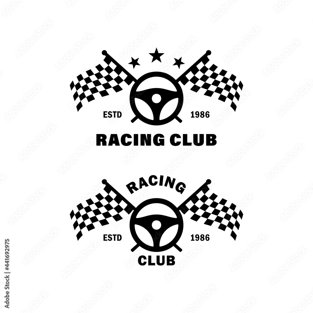 Set of black and white illustrations of steering wheel, crossed flags ...