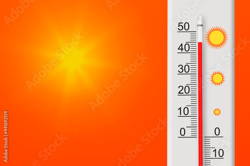 Celsius scale thermometer shows plus 45 degrees . Yellow sun in red sky. Summer heat