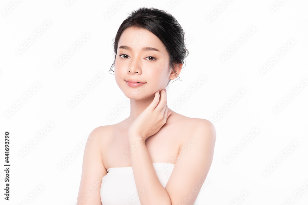 Beautiful young asian woman with clean fresh skin on white background, Face care, Facial treatment, Cosmetology, beauty and spa, Asian women portrait.