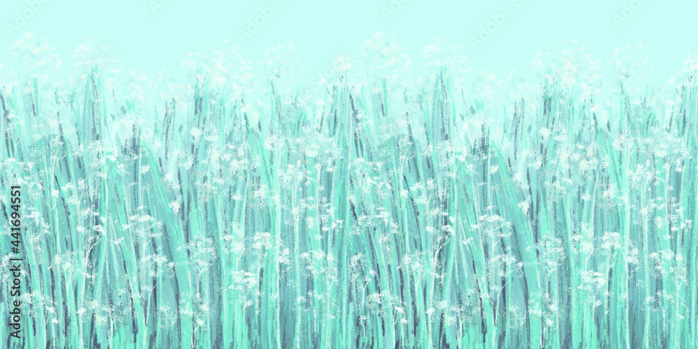 Nature floral seamless border. Beautiful meadow twigs with white flowers and leaves and grass. Bright Teal Blue Summer Banner template. Nature floral seamless border. Beautiful meadow twigs with white flowers and leaves and grass. Bright Teal Blue Summer Banner template.