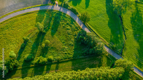 Aerial view of road in beautiful green forest at sunset in spring. Colorful landscape with car on the roadway, trees in summer. Top view from drone of highway in Europe. View from above. Travel. High