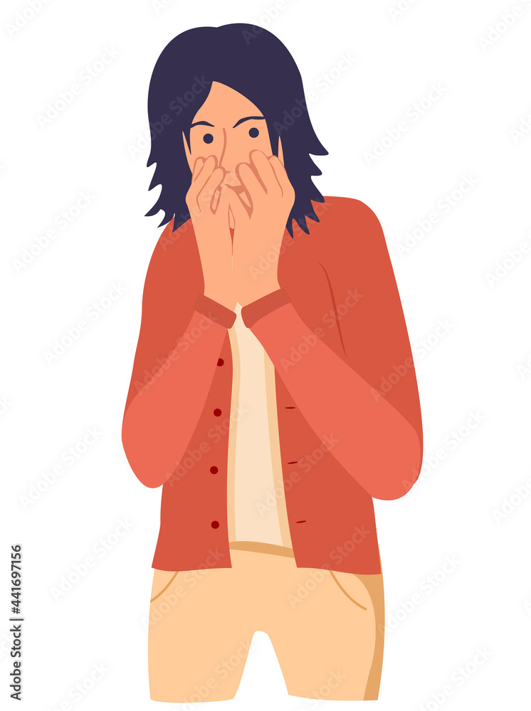 Shocked young man covering his mouth with hand. Scared boy keeping fingers on lips. Human emotions, facial expressions, feelings concept illustration in vector cartoon style. Shocked young man covering his mouth with hand. Scared boy keeping fingers on lips. Human emotions, facial expressions, feelings concept illustration in vector cartoon style.