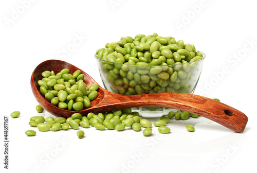 Green soy beans on white background 