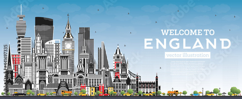 Welcome to England City Skyline with Gray Buildings and Blue Sky.